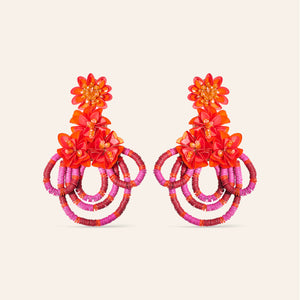 Orange and Pink Embroidered Flower Statement Drop Earrings on Cream Background