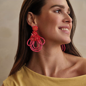 Orange and Pink Embroidered Flower Statement Drop Earrings Styled on Model