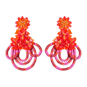 Orange and Pink Embroidered Flower Statement Drop Earrings on Flat White Background