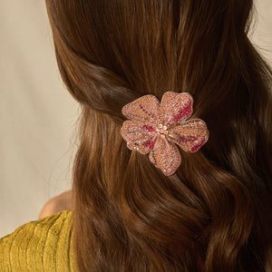 Beaded Pink Flower Barrette Styled in Model's Brown Hair