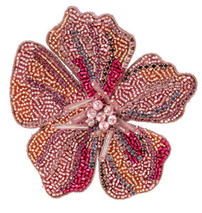 Beaded and Embroidered Pink Flower Brooch on Flat White Background