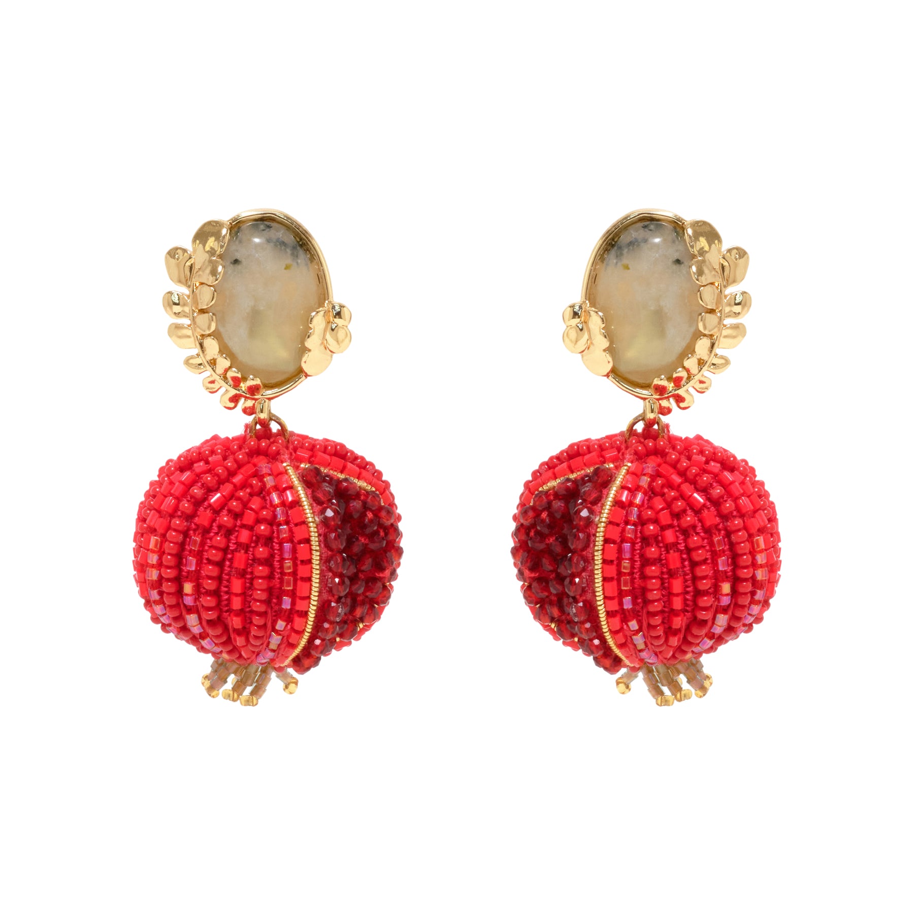 Red Beaded Double Drop Pomegranate Earrings with Stone and Gold on Flat White Background