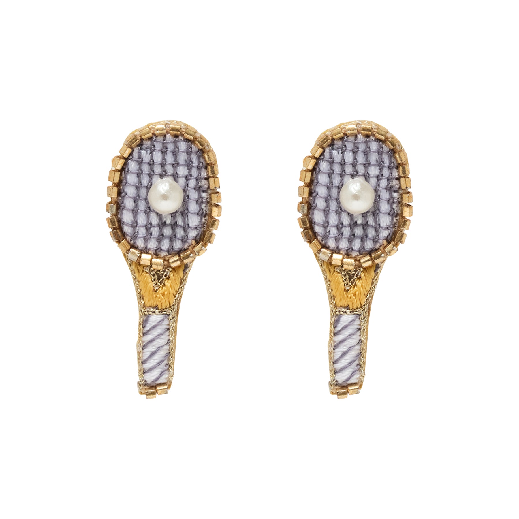 Beaded and Embroidered Tennis Racket Stud Earrings on Flat White Background