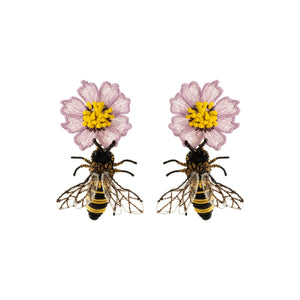Purple and Yellow Flower and Bee Drop Earrings on Flat White Background