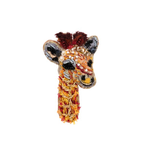 Beaded and Embroidered Giraffe Brooch on Flat White Background