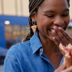 Embroidered Pizza Crystal Drop Earrings Styled on Model