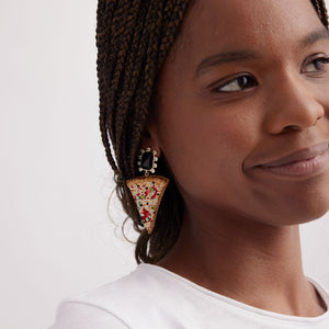 Embroidered Pizza Crystal Drop Earrings Styled on Model