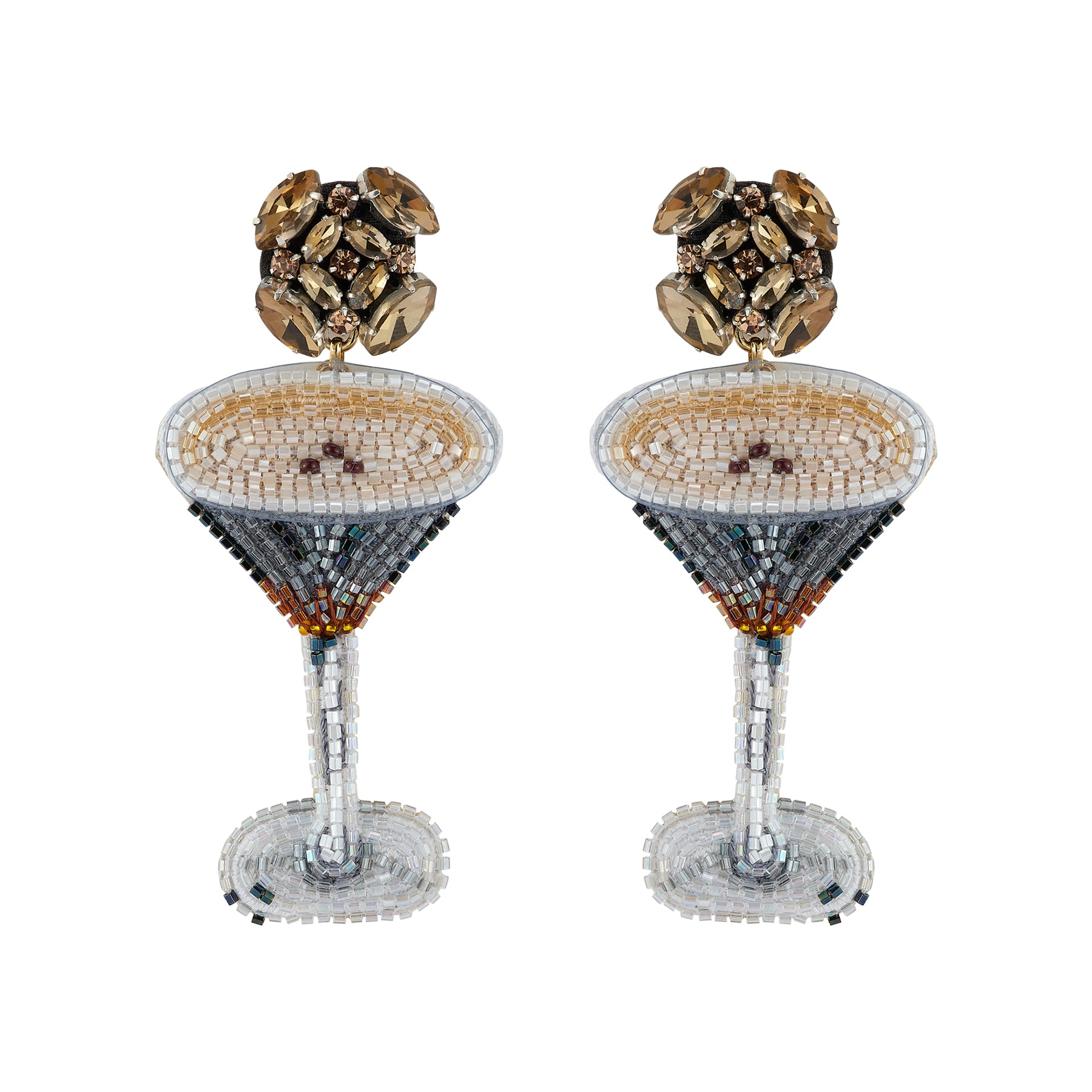 Pair of earrings designed like martini glasses with decorative tops on a white background