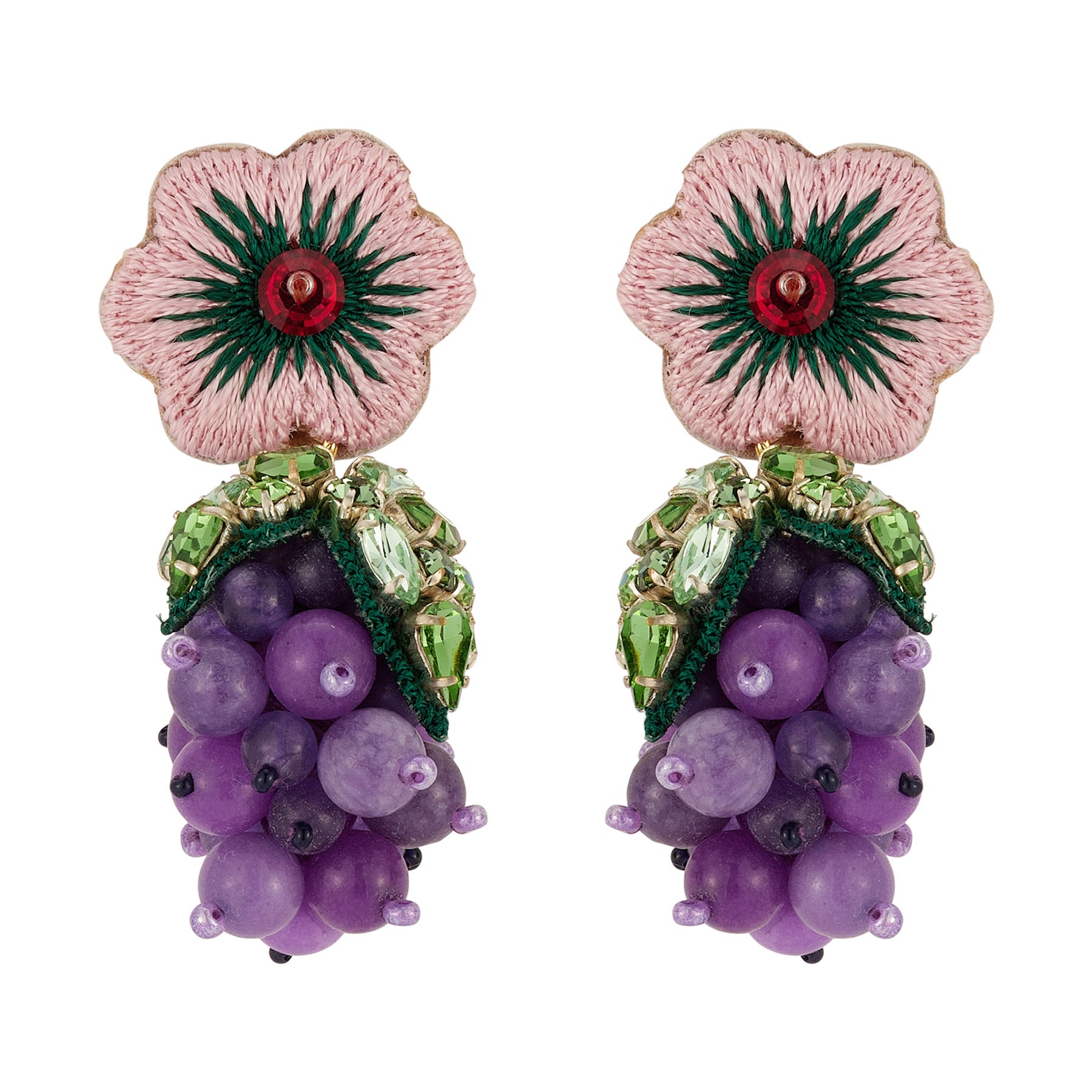 Pink Flower Drop Grape Earrings on Flat White Background