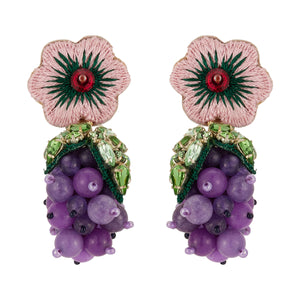 Pink Flower Drop Grape Earrings on Flat White Background