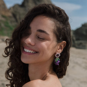 Pink Flower Drop Grape Earrings Styled on Model