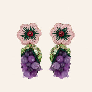 Pink Flower Drop Grape Earrings on Tan Background