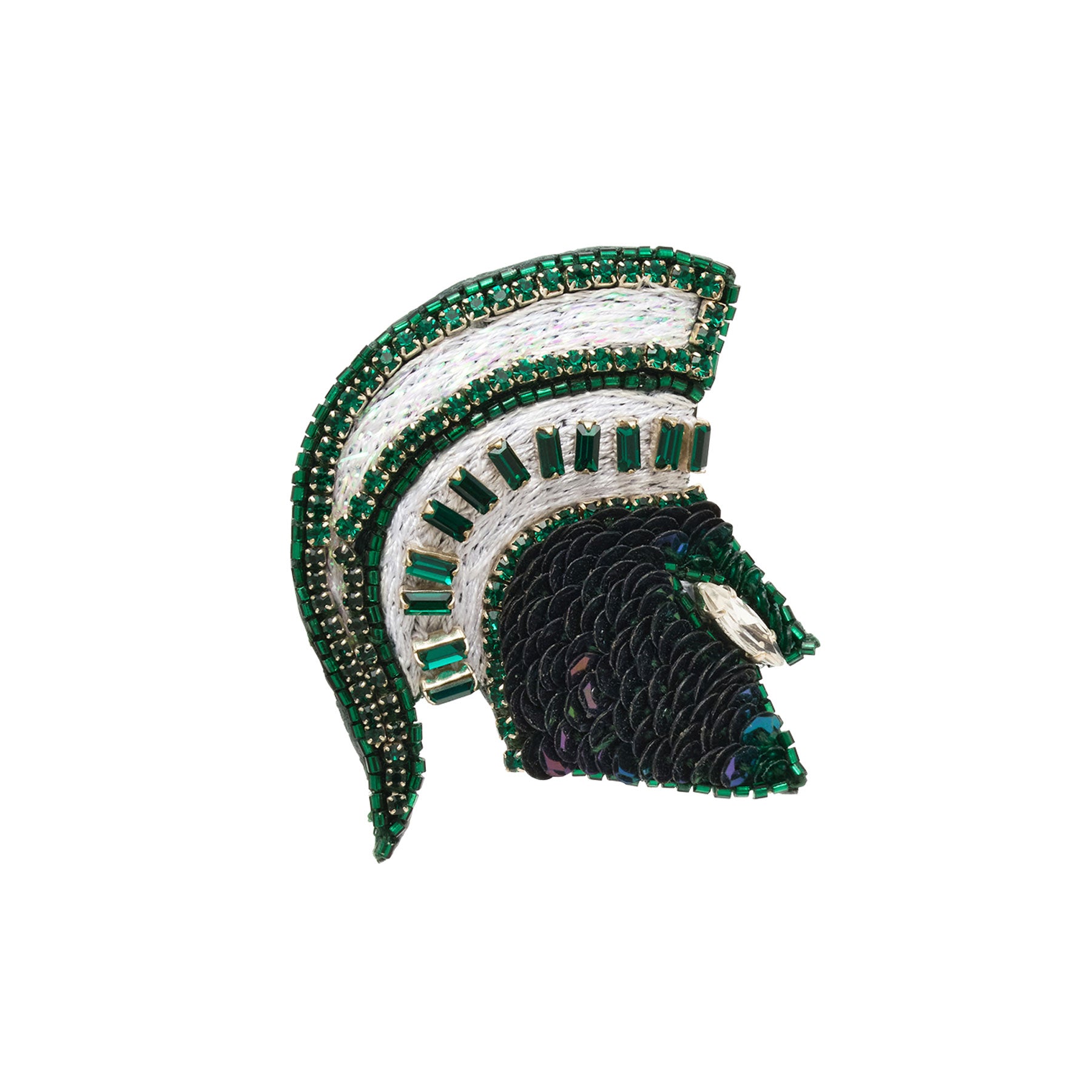 Green and White Beaded Spartan Brooch on Flat White Background