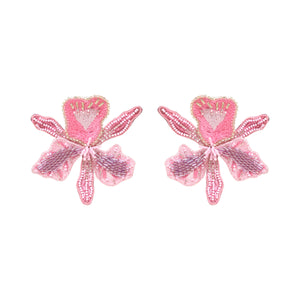 Beaded and Embroidered Light Pink Flower Stud Earrings on Flat White Background