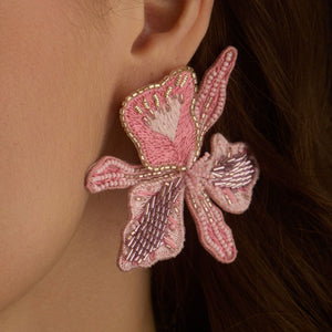 Beaded and Embroidered Light Pink Flower Stud Earrings Styled on Model's Ear