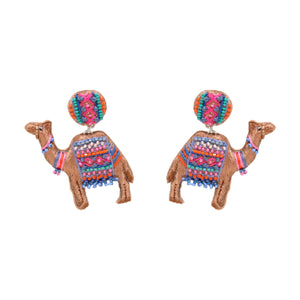 Multi Beaded Camel Drop Earrings on Flat White Background