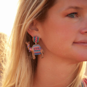 Beaded and Embroidered Camel Drop Earrings on Maggie