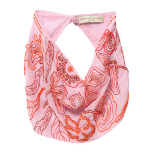 Pink Chiffon Base Scarf Necklace with Coral and Red Beading on Flat White Background