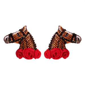 Beaded Horse and Rose Studs On Flat White Background