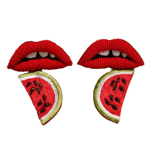 Beaded Red Lips and Embroidered Red White Green and Black Watermelon Drop Earrings on White Background