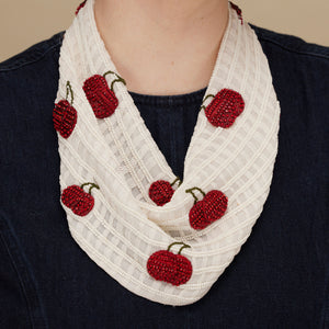 White Beaded Scarf Necklace with Crystal Red Cherry Accents Styled on Model