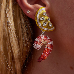 Beaded Lemon and Shrimp Drop Earrings Styled on Model's Ear