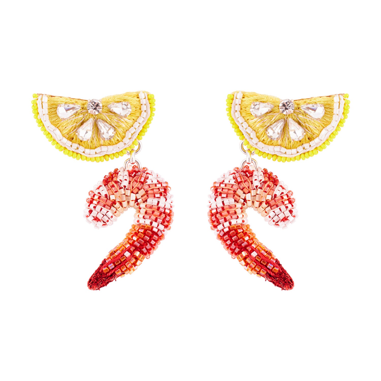 Beaded Lemon and Shrimp Drop Earrings Styled on White Background