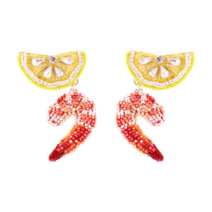 Beaded Lemon and Shrimp Drop Earrings Styled on White Background