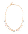 Gold necklace with colorful gemstones on a white background
