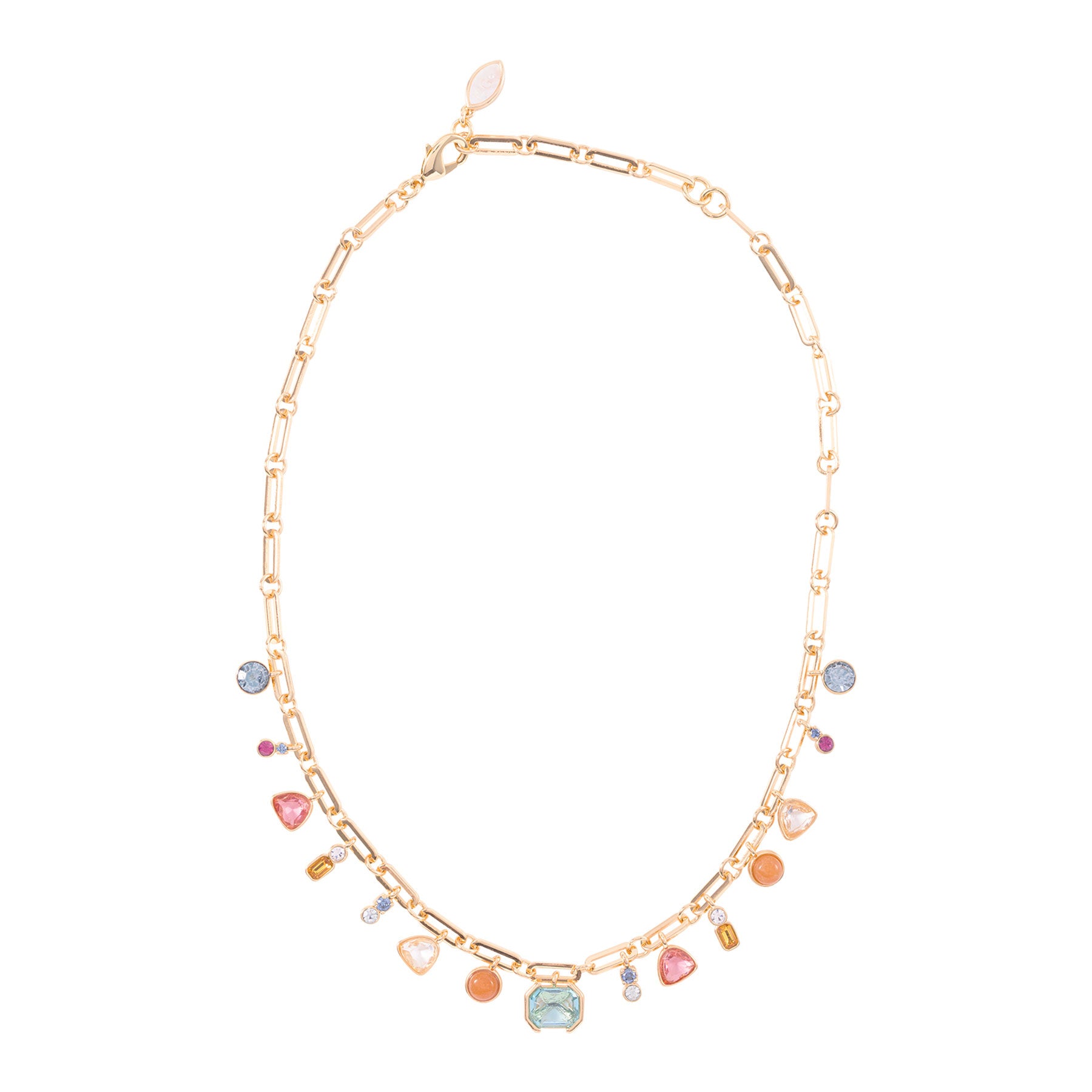 Gold necklace with colorful gemstones on a white background