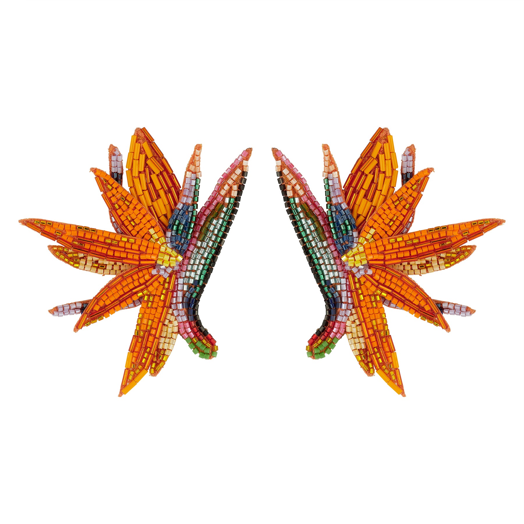 Pair of colorful mosaic flower earrings on a white background