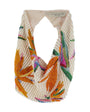 Beaded scarf with colorful leaf patterns on a white background
