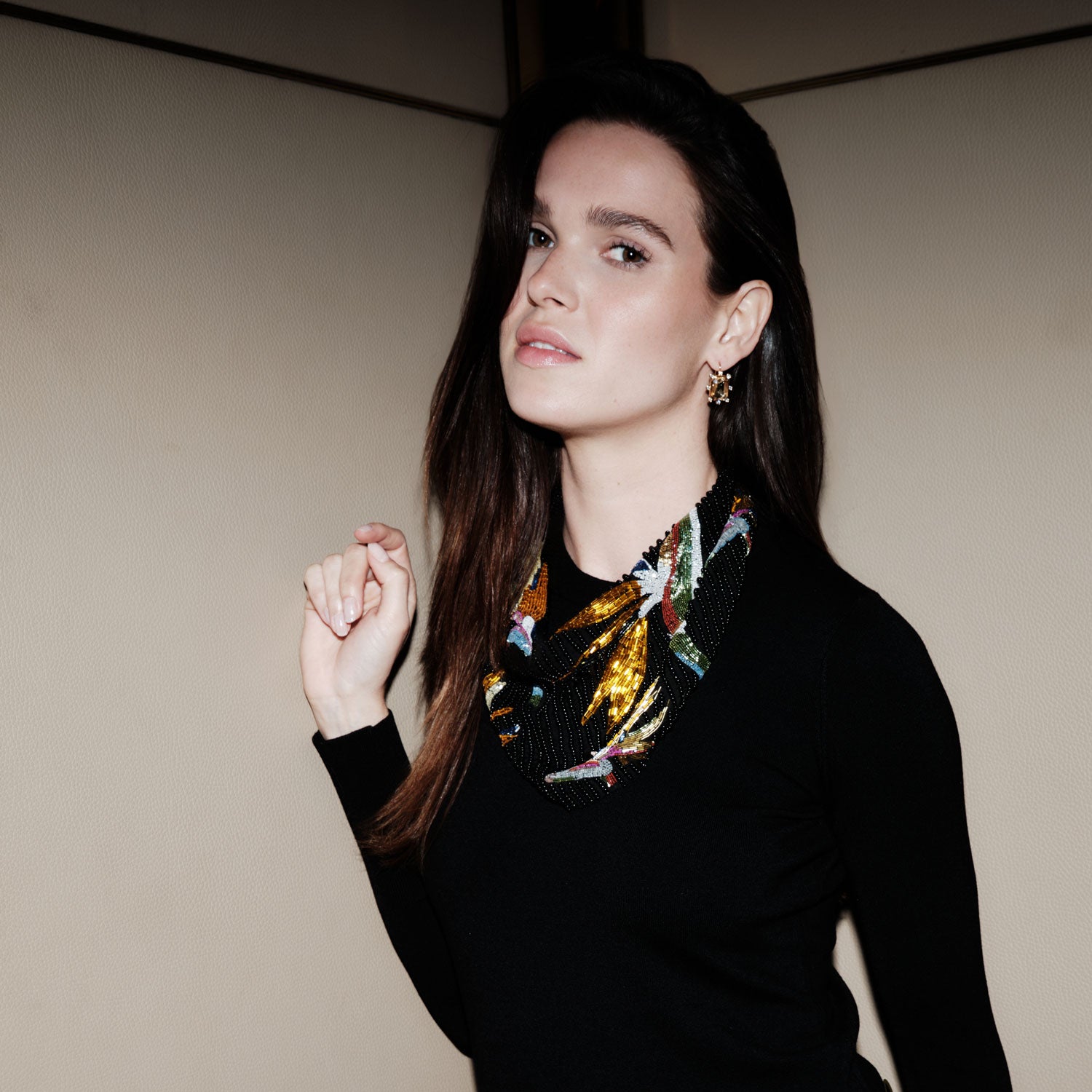 Black and Gold Multi Beaded and Embroidered Scarf Necklace Styled on Model