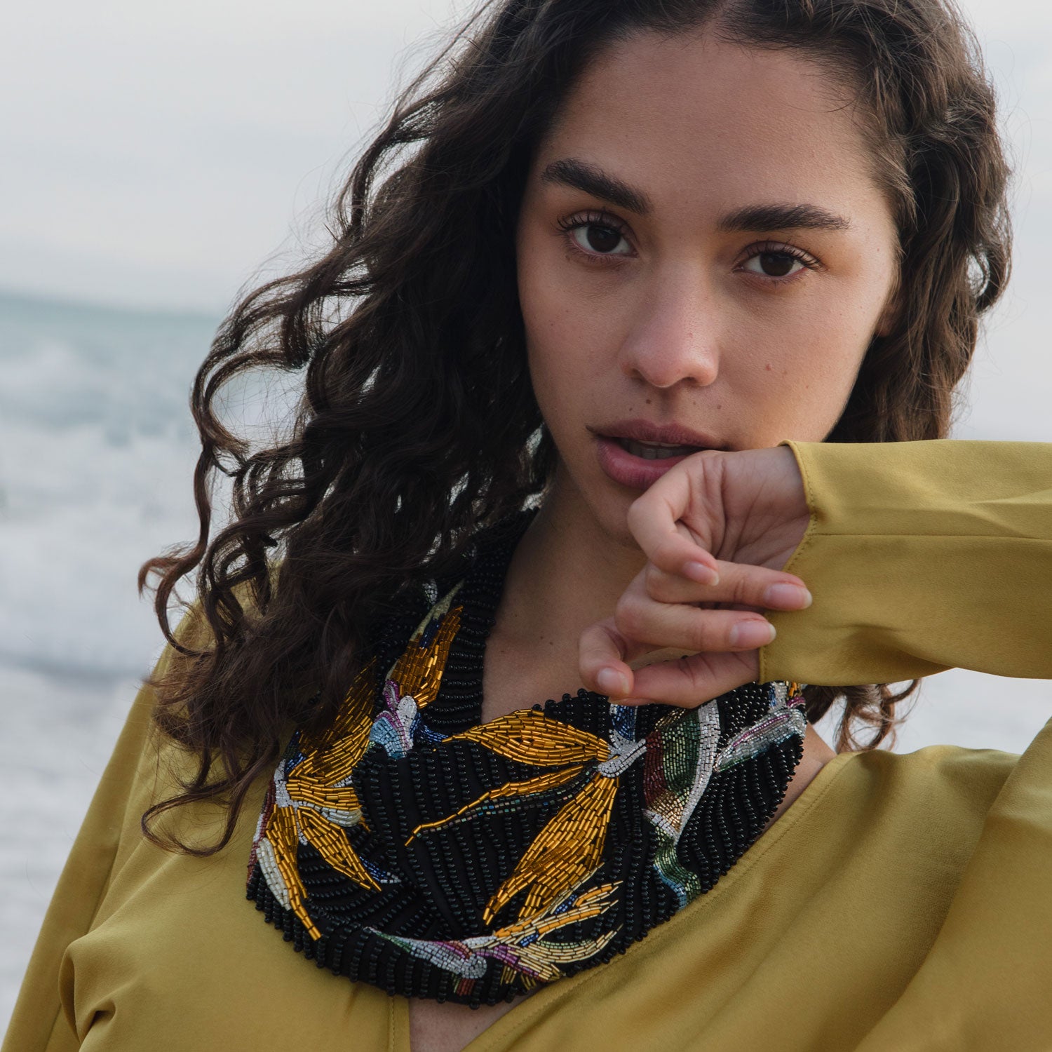 Black and Gold Multi Beaded and Embroidered Scarf Necklace Styled on Model