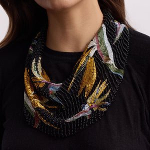 Black and Gold Multi Beaded and Embroidered Scarf Necklace on Model