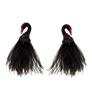 Black Beaded and Feather Swan Earrings on Flat White Background