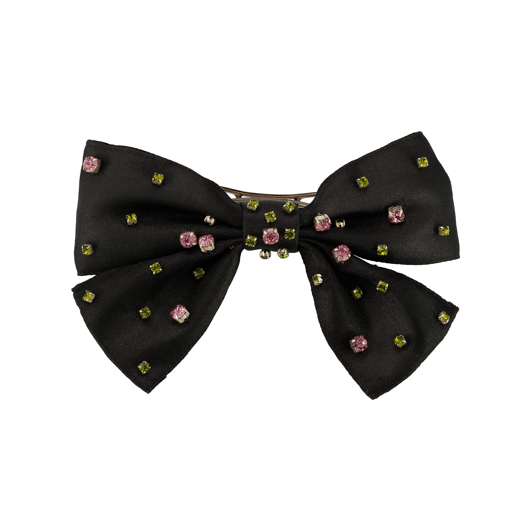 Black bow with embedded colorful crystals on a flat white background