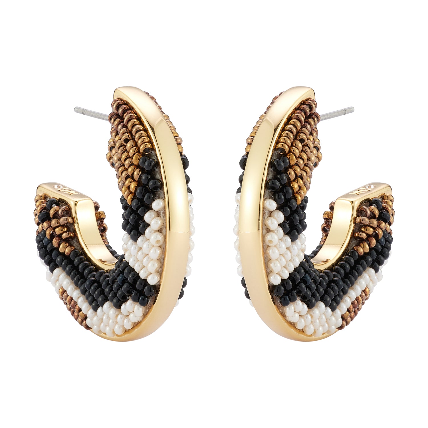 Black, Cream, and Bronze Beaded Aztec Hoop Earrings on Flat White Background