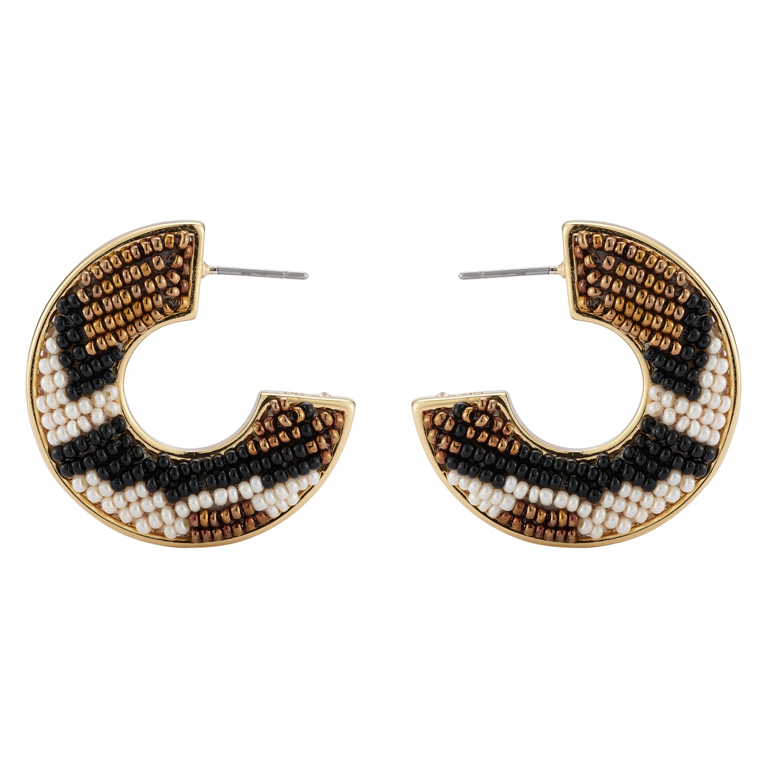 Black, Cream, and Bronze Beaded Aztec Hoop Earrings on Flat White Background