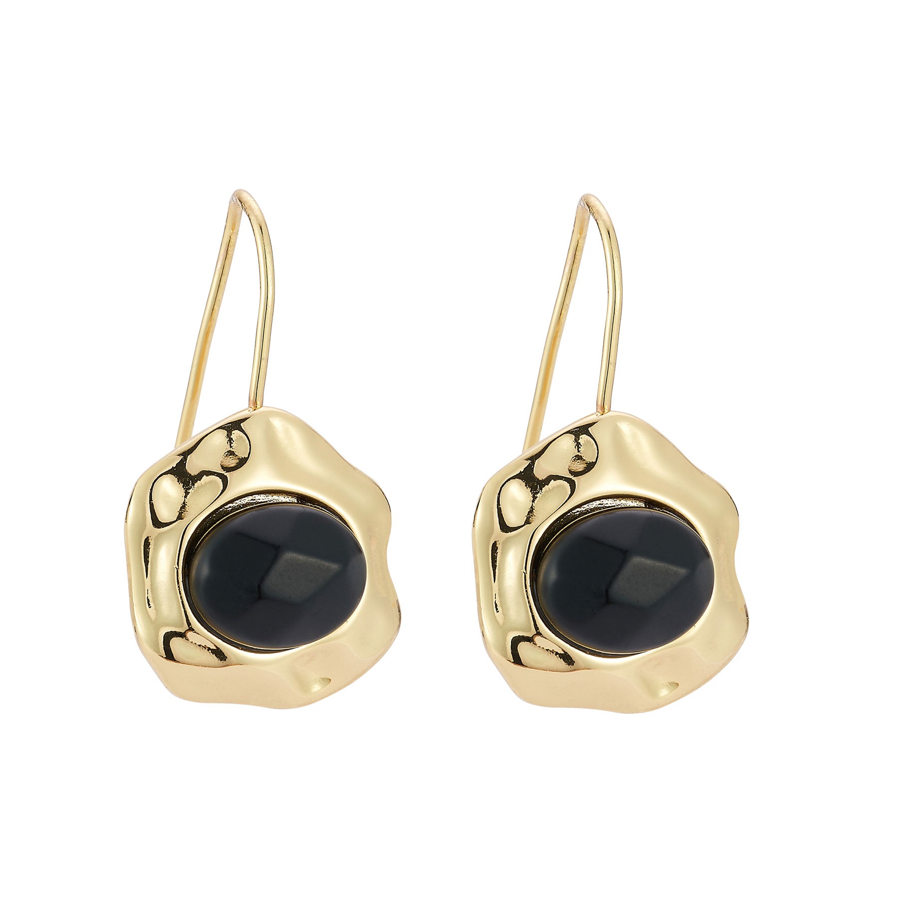 Gold earrings with black crystals on a white background