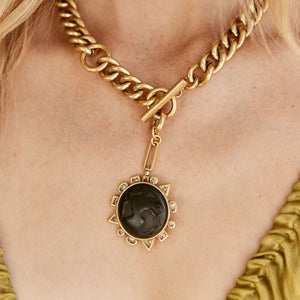 Black Globe Charm Chain Pendant Charm Necklace Styled on Model's Neck