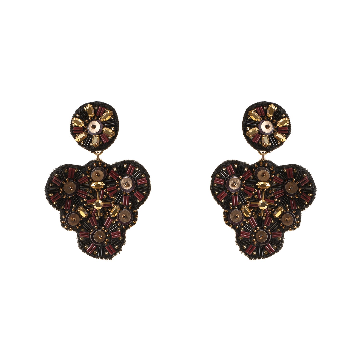 Black and Gold Beaded Double Drop Earrings on Flat White Background
