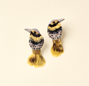 Gold, Silver, and Black Embroidered Bird Stud Earrings on Tan Background