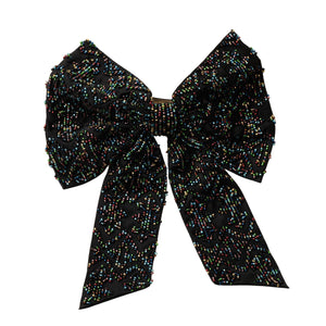 Black Hair Bow with Multi-Colored Beading on Flat White Background