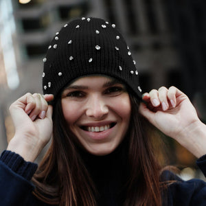 Black Knit Hat with Pearls and Crystals Styled on Model