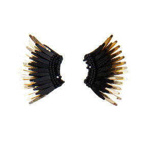 Black and Metallic Gold Sequin Wing Earrings on Flat White Background