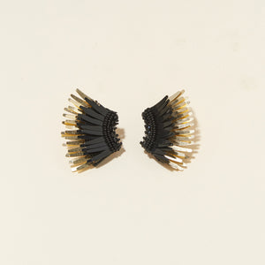 Black and Metallic Gold Sequin Wing Earrings on Flat Cream Background