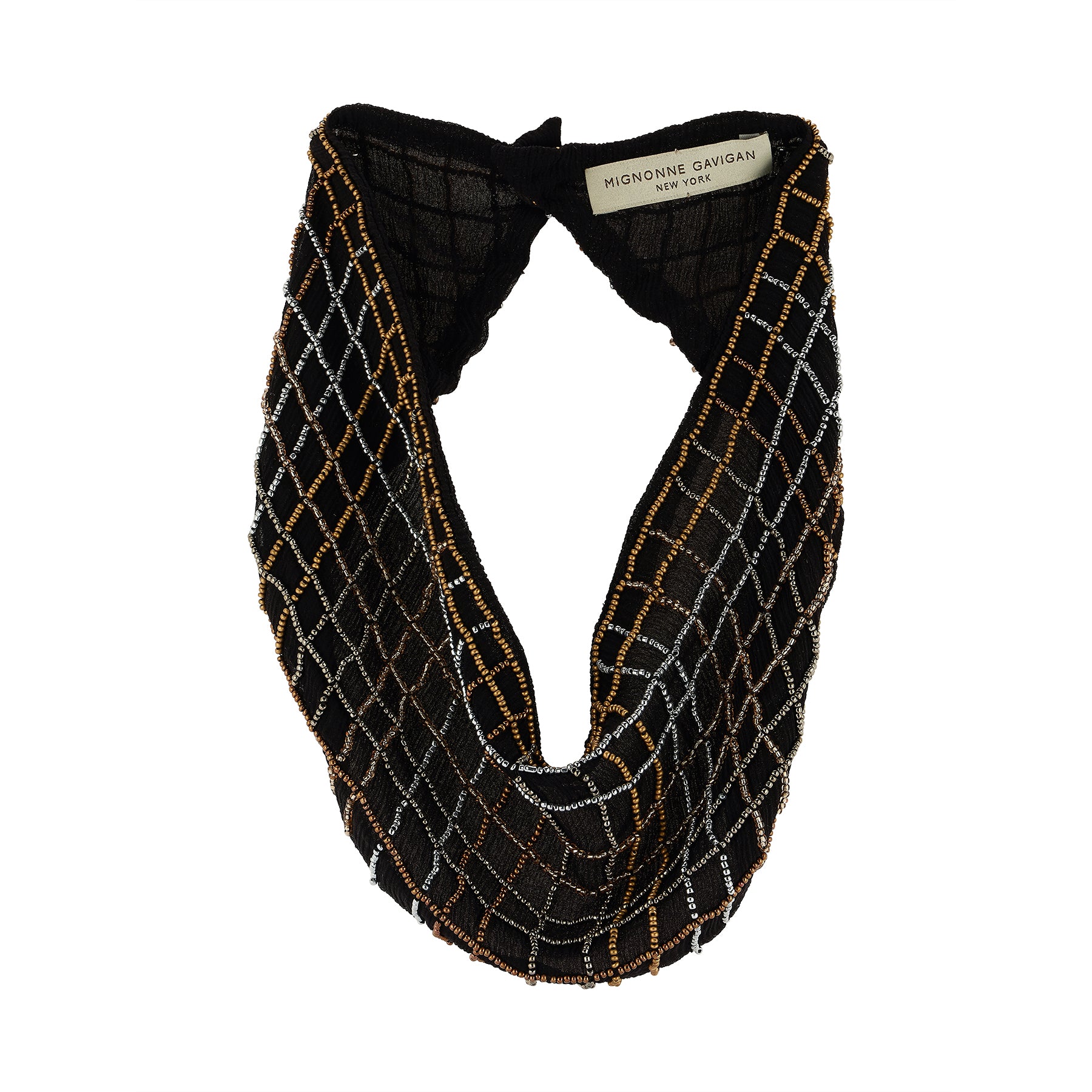 Black Mini Scarf Necklace with Metallic Beading on Flat White Background