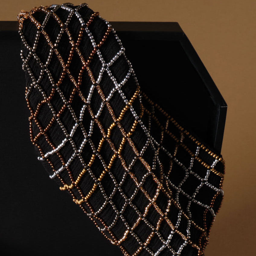Black Mini Scarf Necklace with Metallic Beading