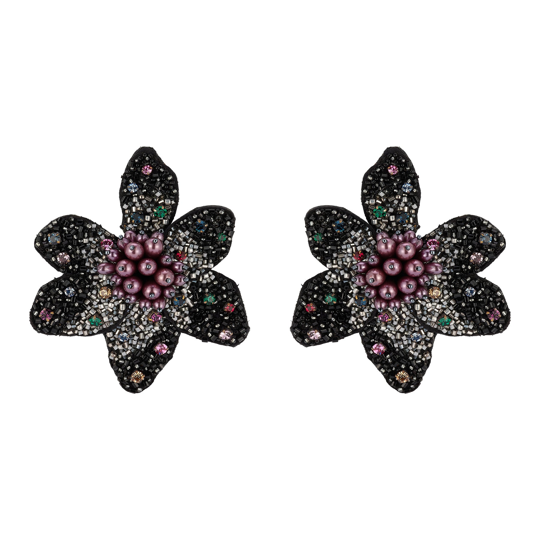 black flower pearl, bead, and crystal earrings on white background